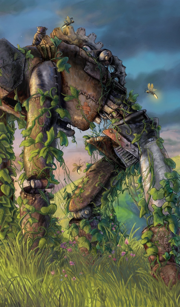 Поросший травой старый робот