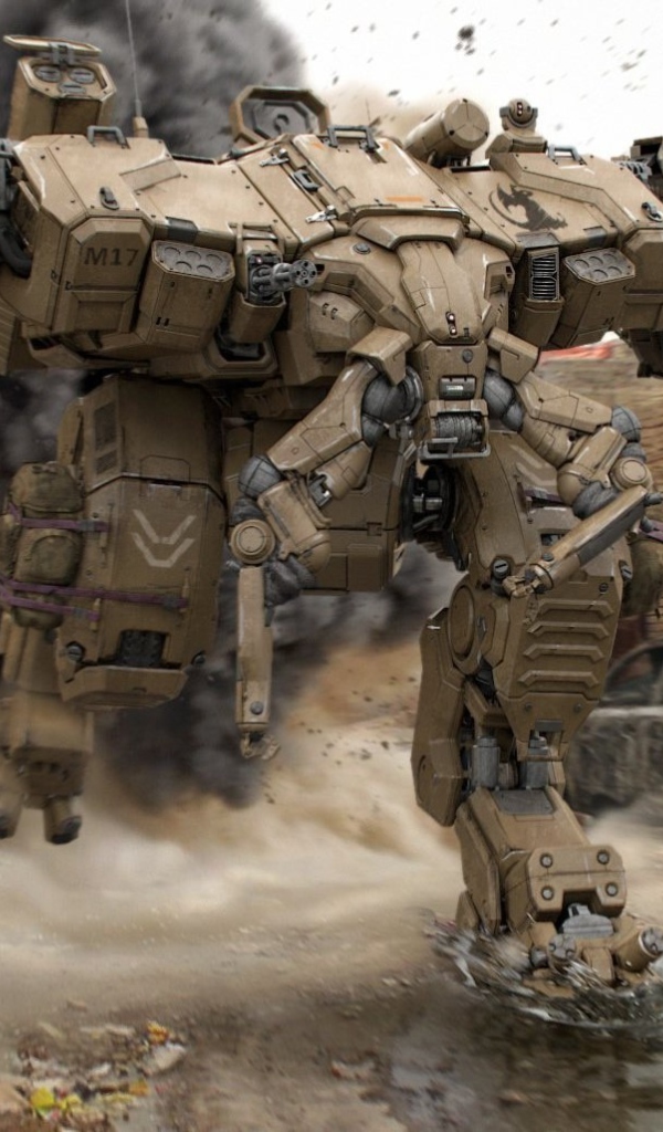 Тяжелый боевой робот бежит по улице