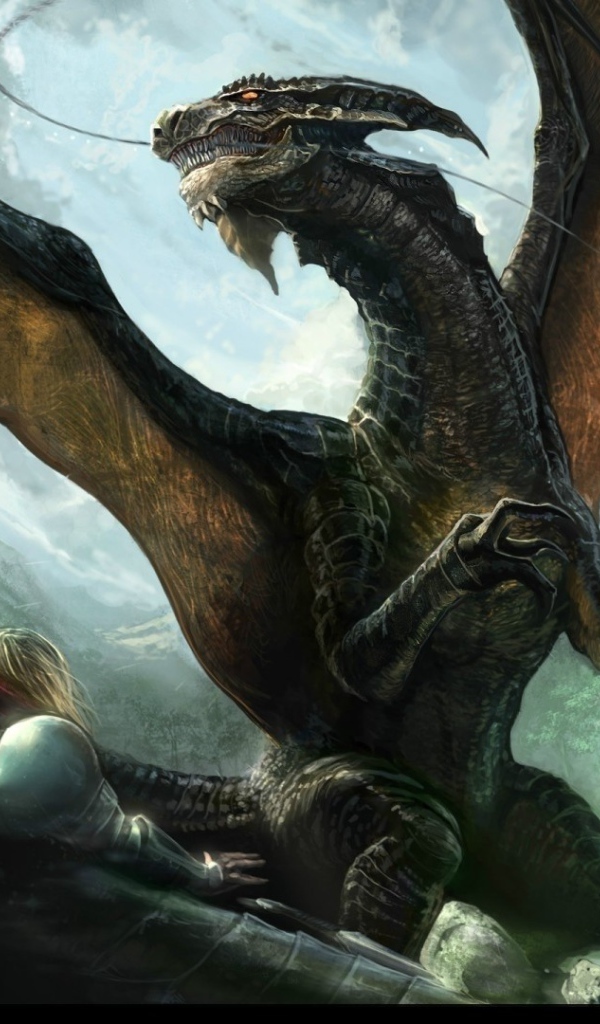 Рыцари в латах ведут бой с драконом