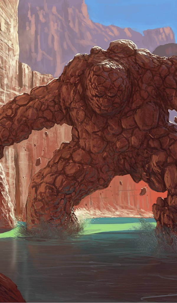 Человек останавливает каменного монстра