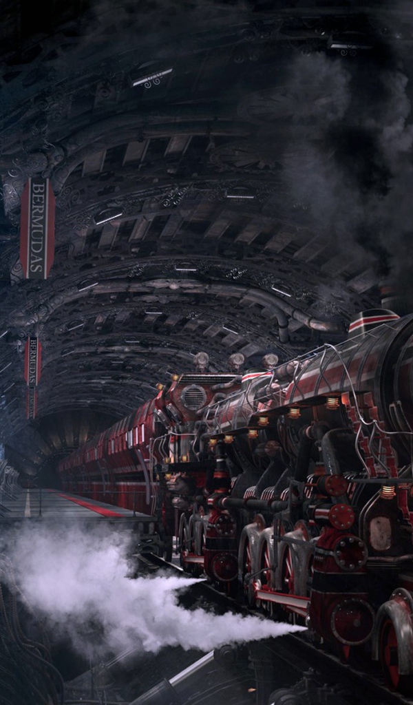 Мощный локомотив на станции, стимпанк