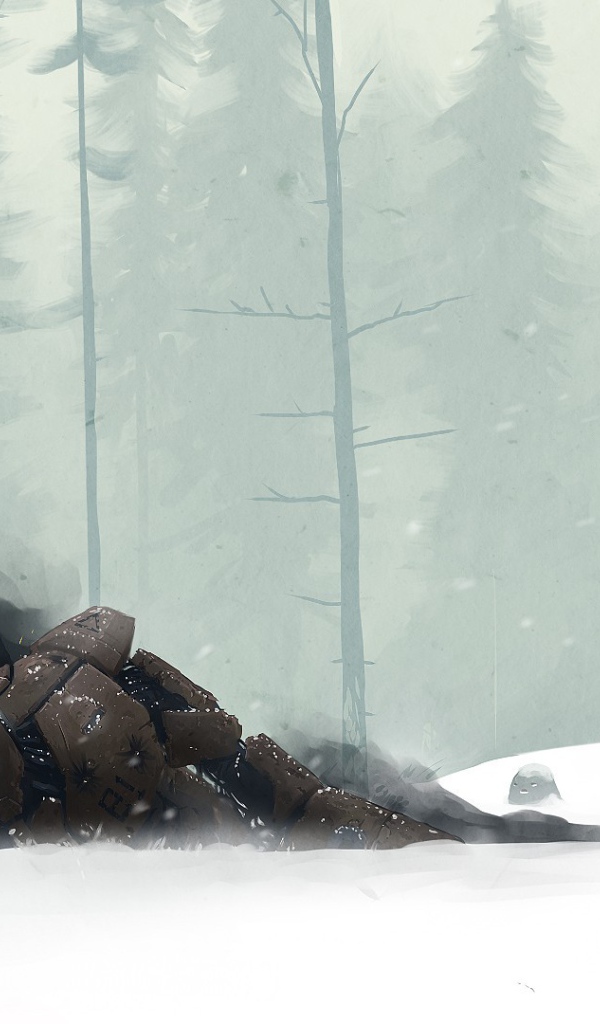 Поверженный робот в зимнем лесу