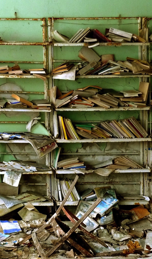 Остатки книг в руинах библиотеки