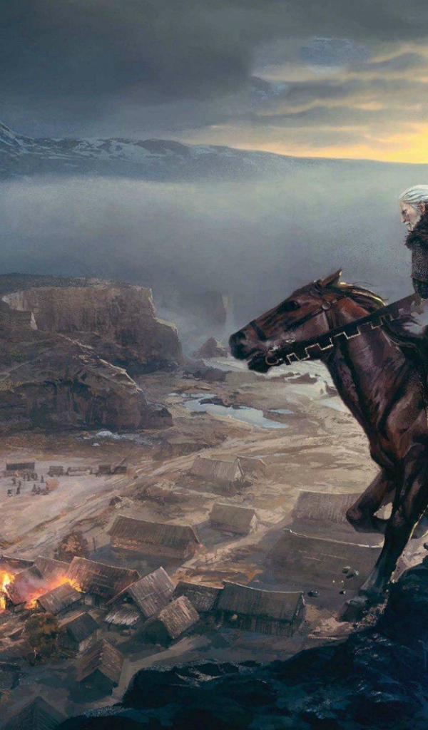 Всадники смотрят на горящую деревню