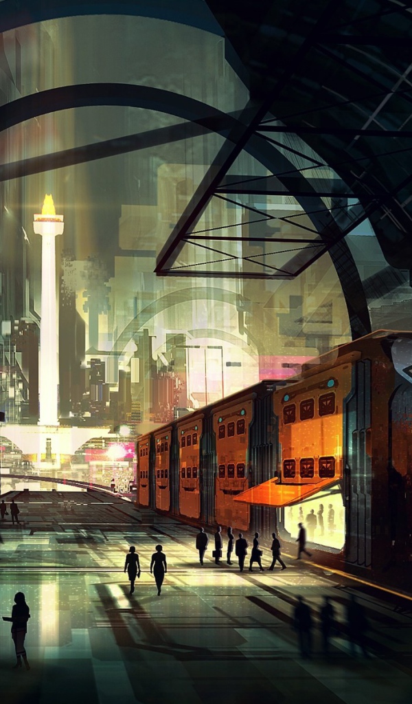 Робот на перроне вокзала в городе будущего