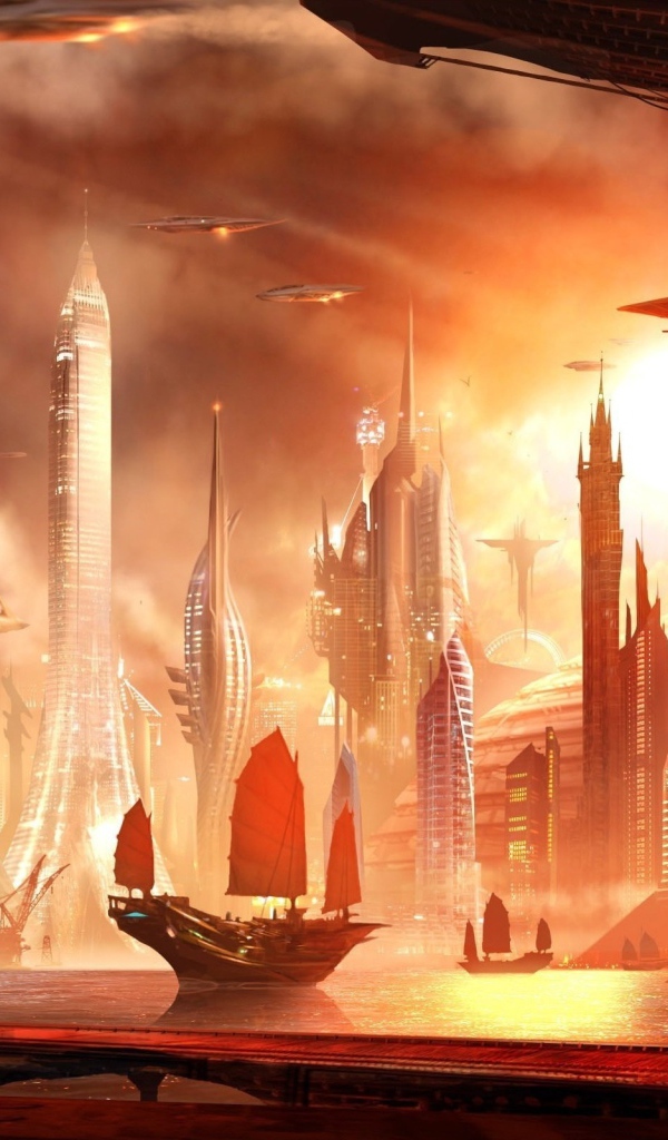 Парусник в азиатском городе будущего