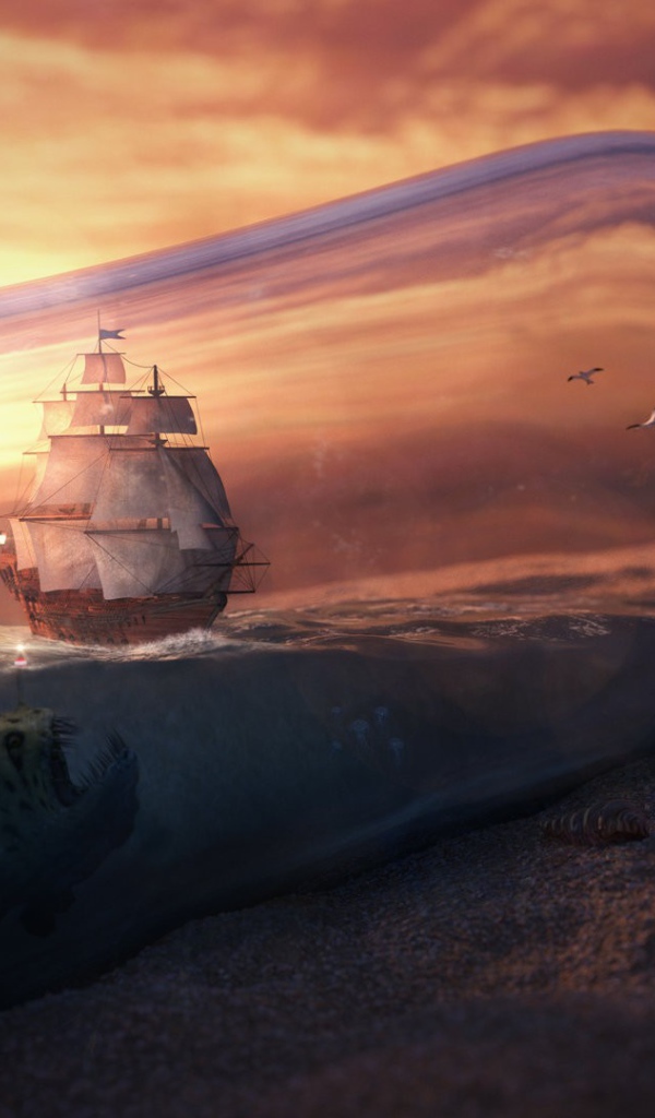 Морское чудовище и корабль в бутылке