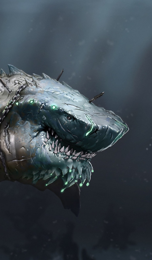 Акула в цепях охотится на дайвера