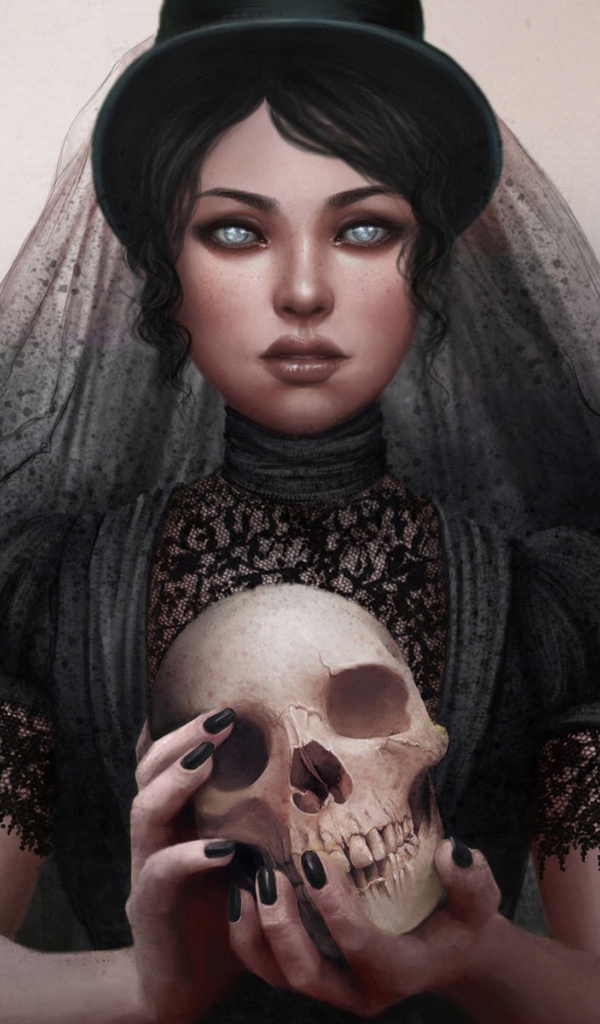 Девушка в трауре с черепом в руках
