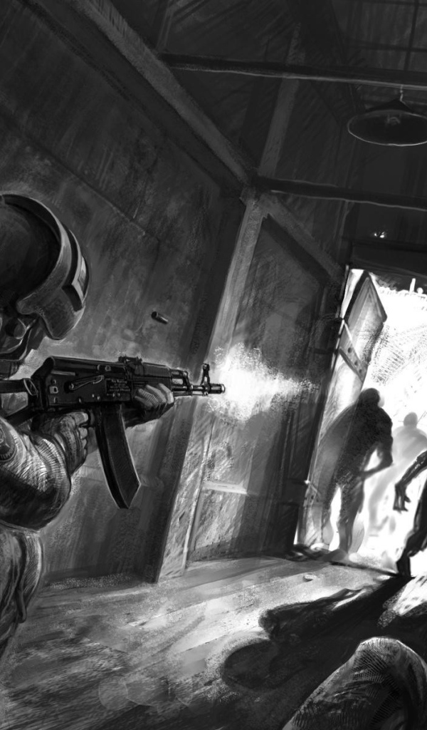 Солдат стреляет в зомби