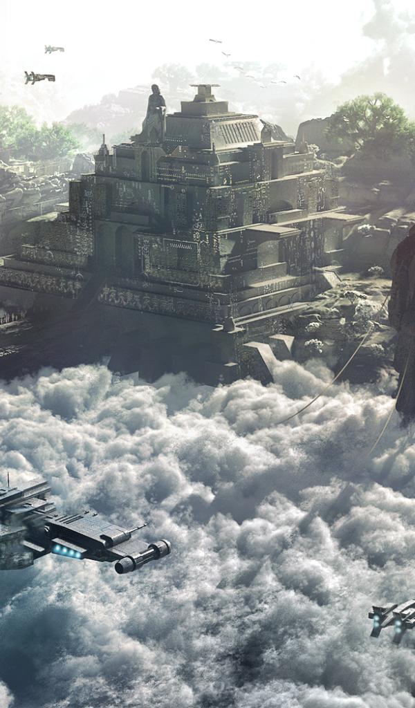 Космический корабль перед храмом развитой цивилизации