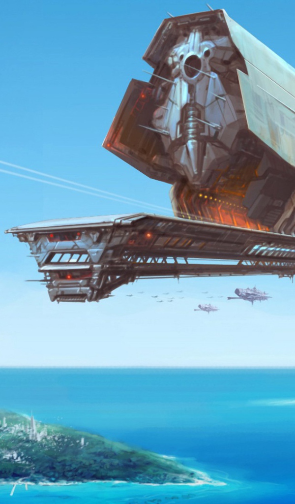 Космический корабль над островом в море