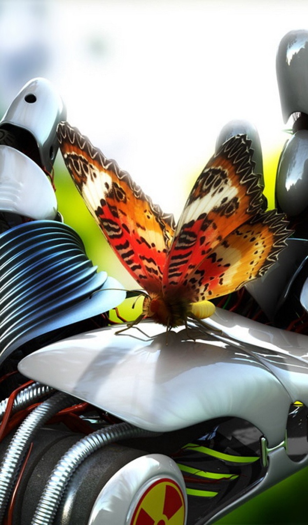 Бабочка сидит на стальной руке робота