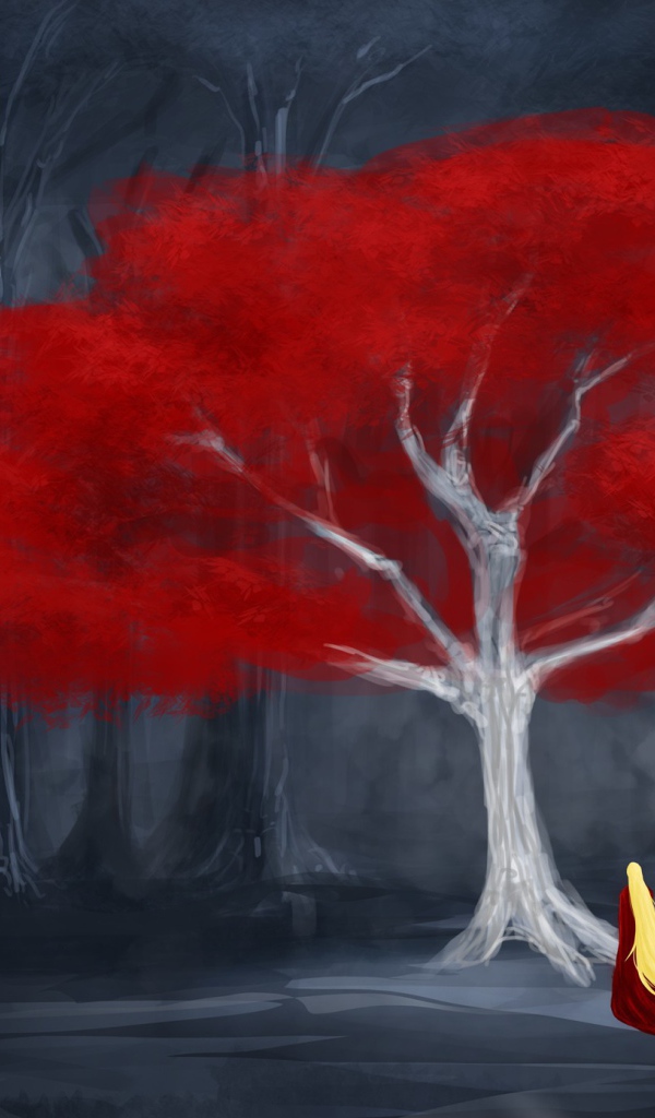 Девушка у красного дерева в мире сказок