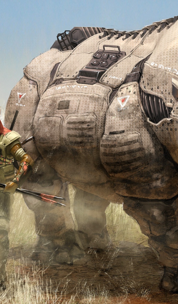 Мужчина с роботом носорогом