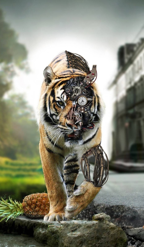 Тигр робот между городом и природой
