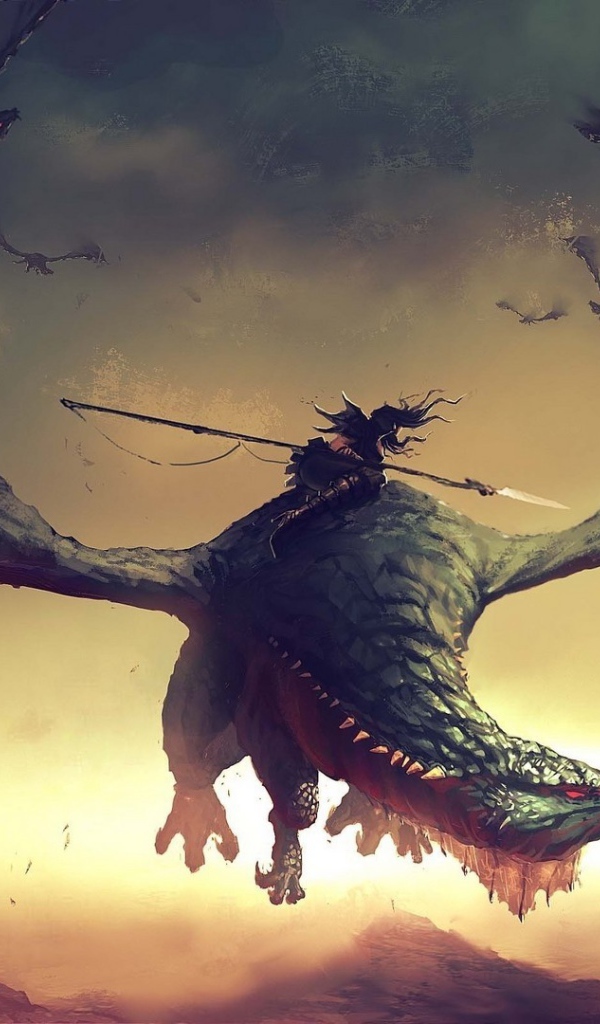 Воин с копьем верхом на драконе