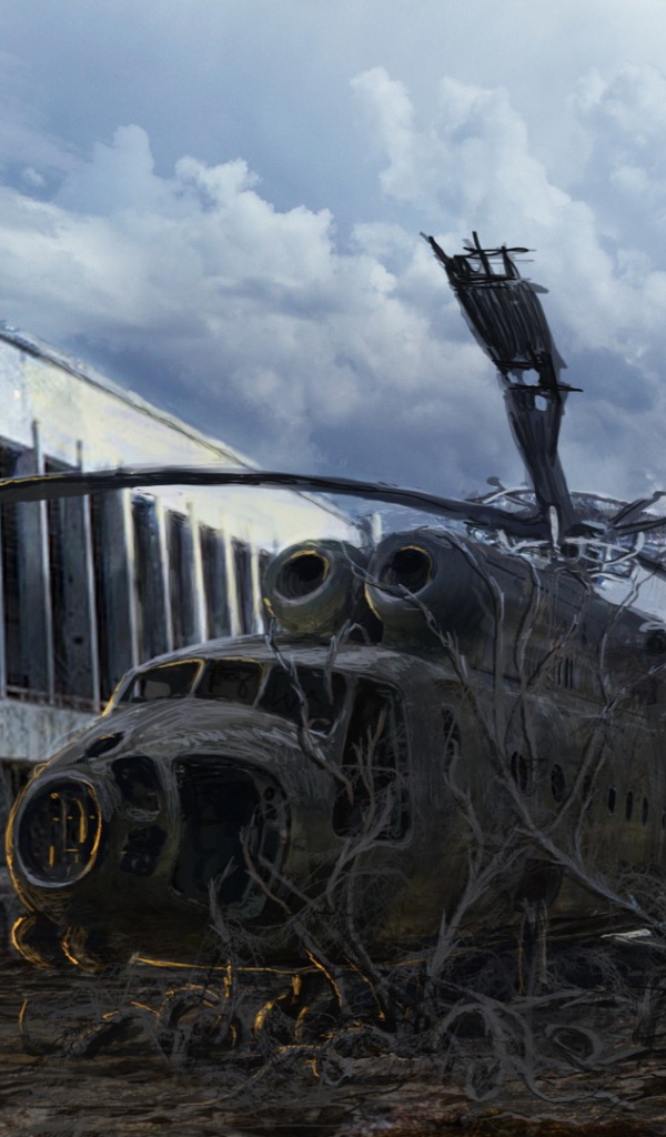 Разбитый вертолет зарос, постапокалипсис