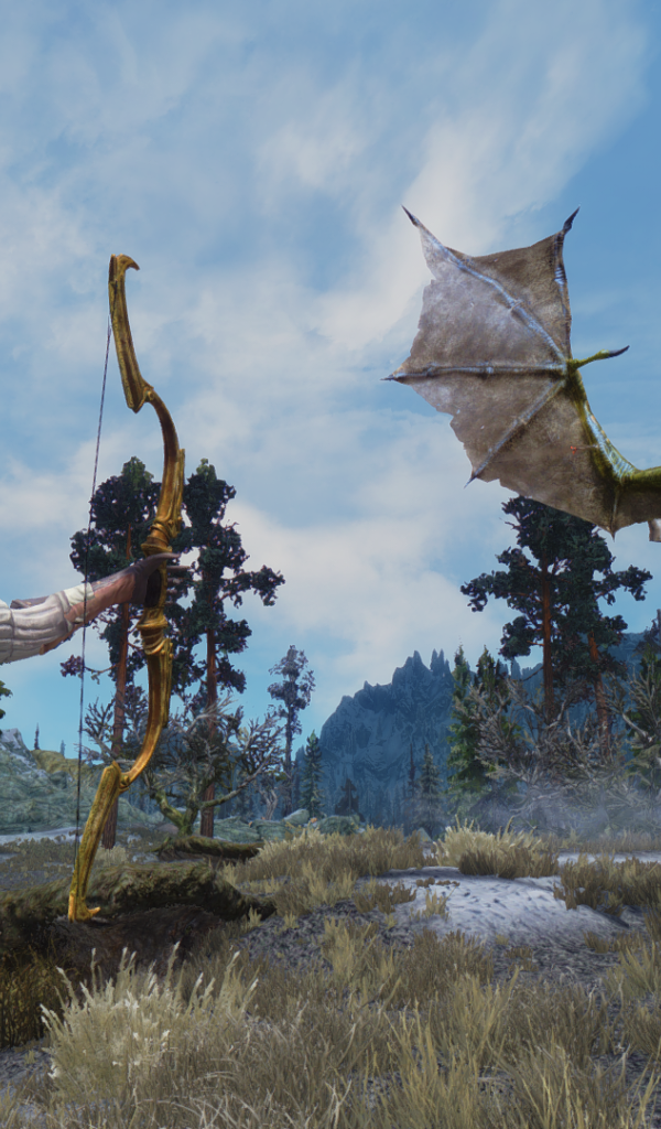 Лучница поражает дракона в игре The Elder Scrolls V Skyrim