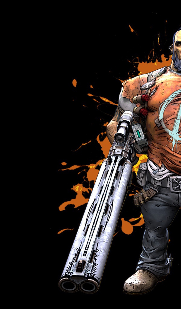 Персонаж игры Borderlands 2 с оружием на черном фоне
