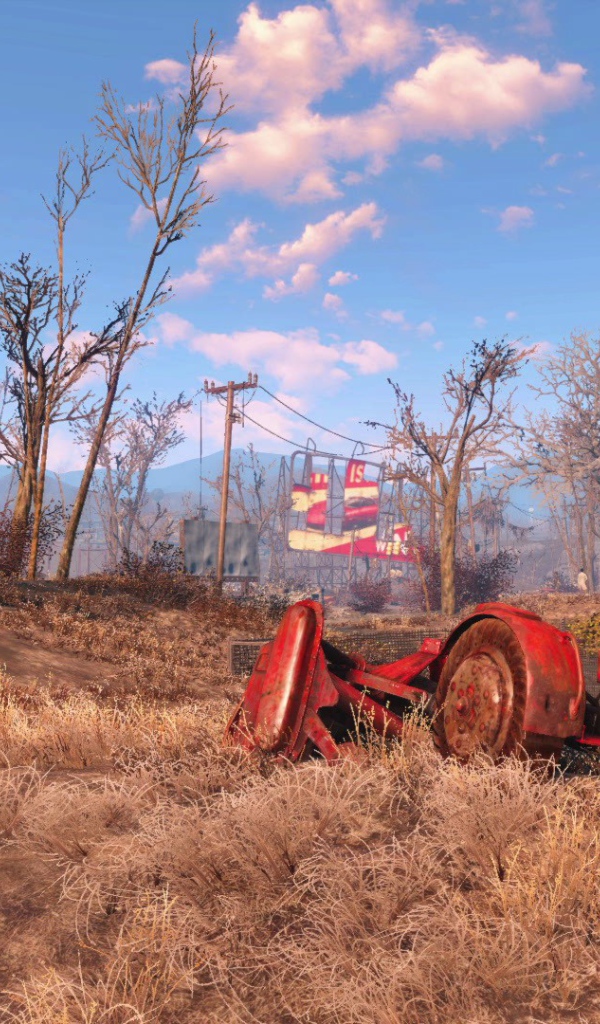 Разбитый трактор в поле, игра Fallout 4