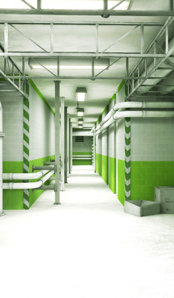 Зеленый интерьер подвала, игра Mirror's Edge