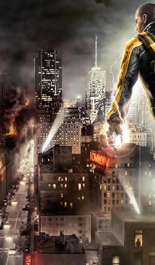 Герой видеоигры смотрит на пылающий город