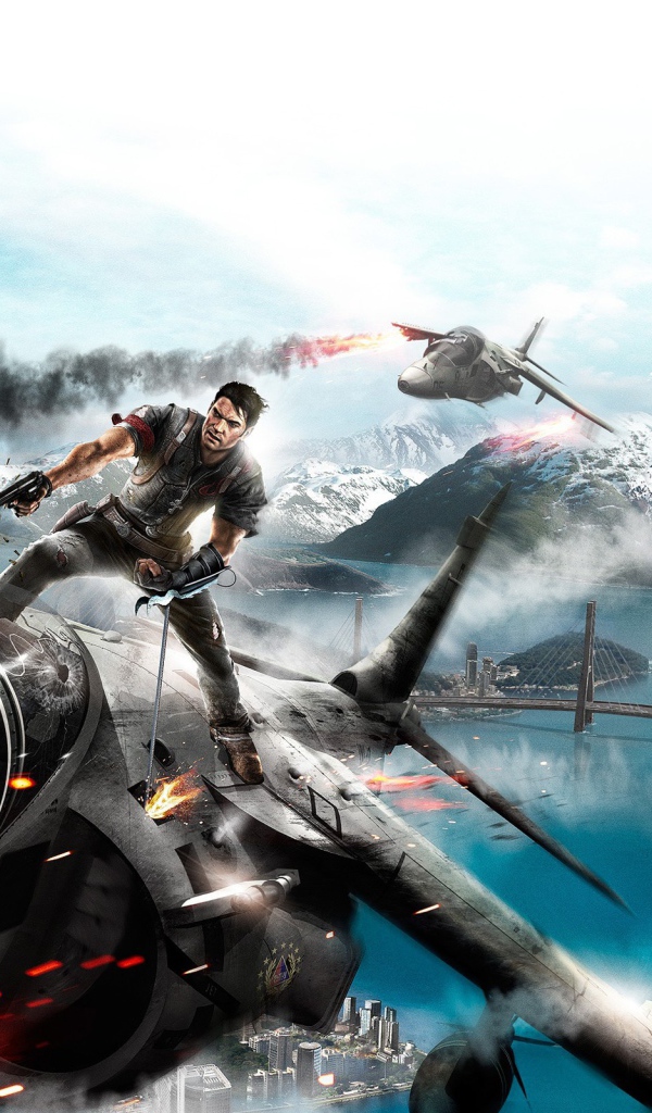 Герой игры Just Cause 2 на крыше истребителя