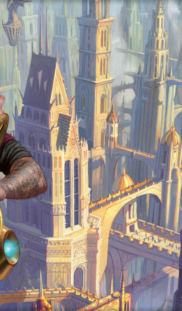 Герой игры Magic the Gathering на фоне города