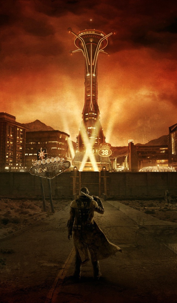 Герой игры перед стеной Нового Вегаса