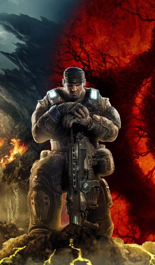 Воин на фоне флага в игре Gears of War