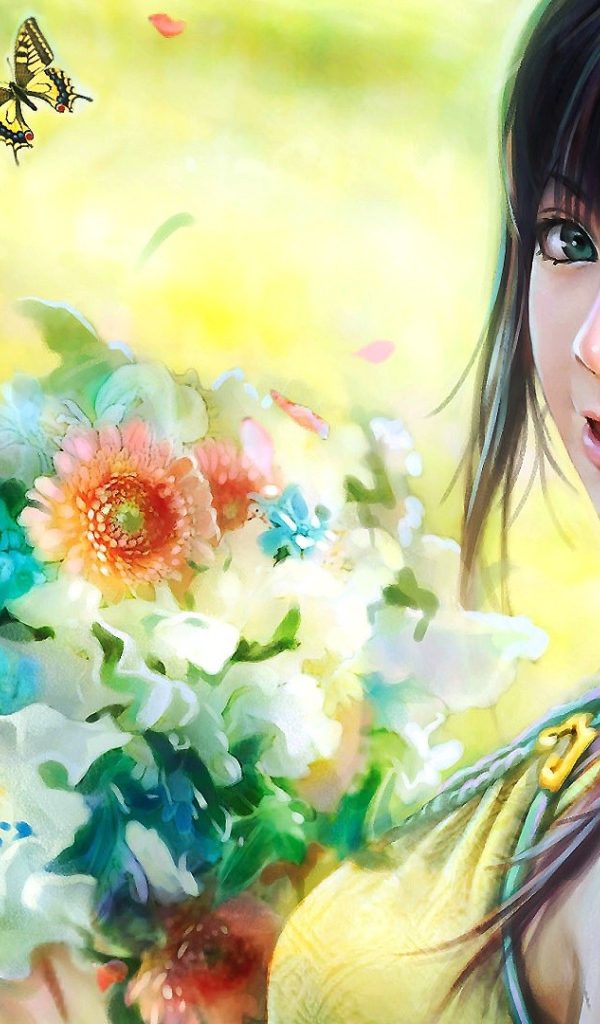 Милая японская девушка с букетом цветов