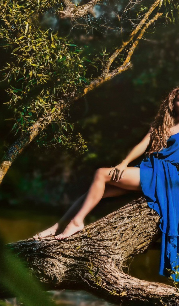 Девушка в голубом платье на дереве