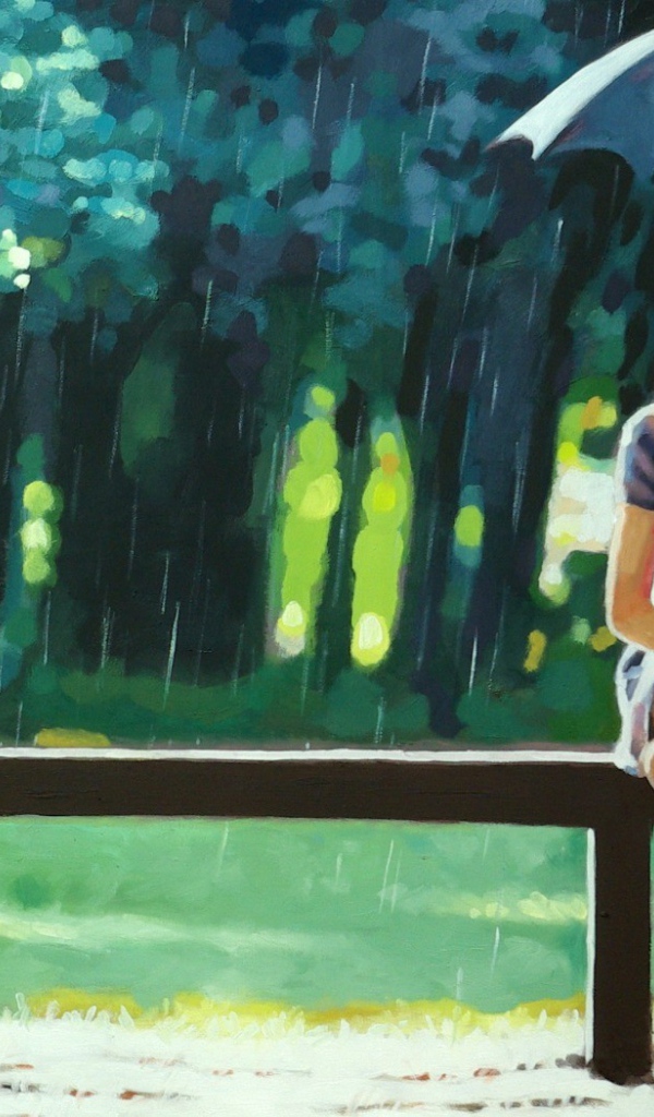 Девушка на скамье под зонтом