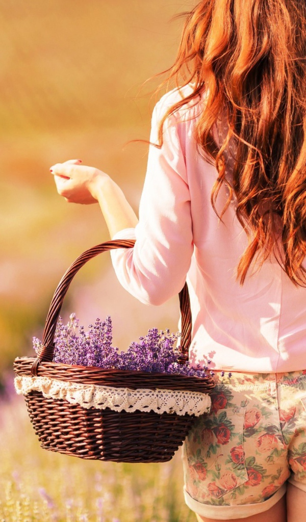 Девушка с корзинкой фиолетовых цветов