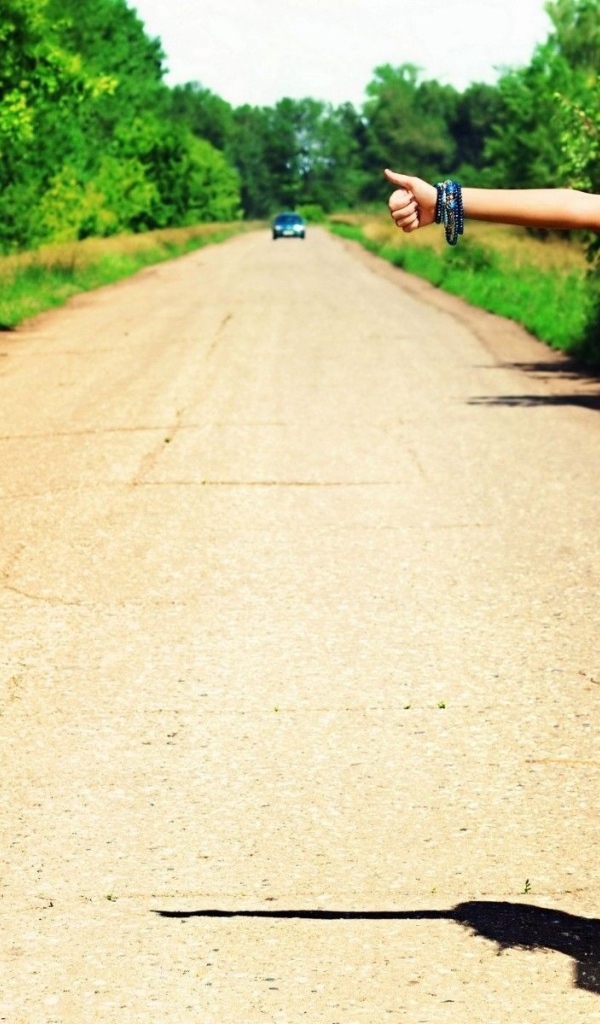 Девушка с чемоданом занимается автостопом