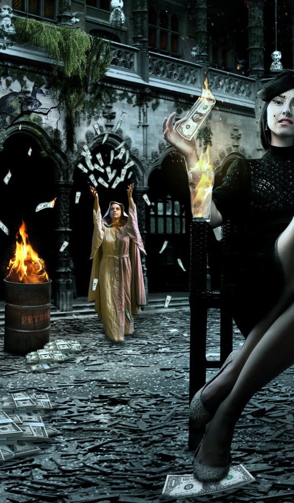 Девушки жгут доллары