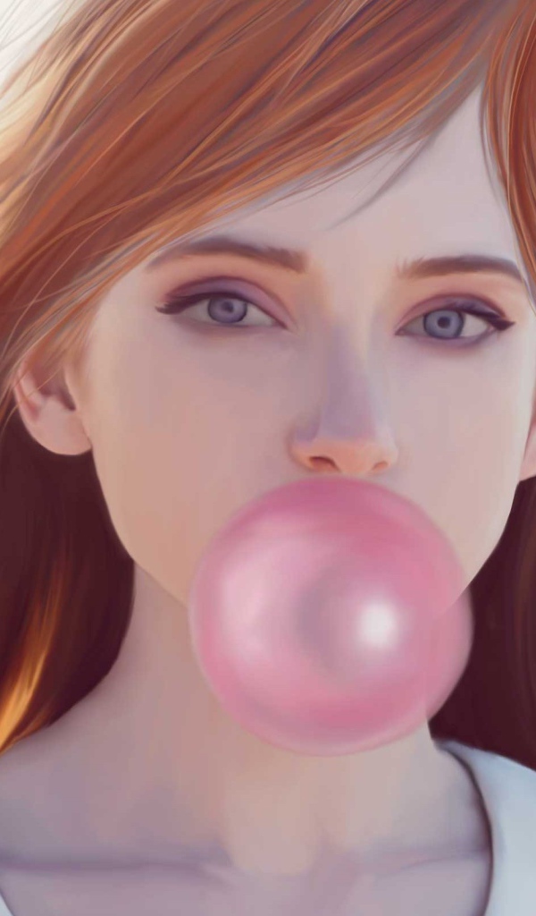 Рыжая девушка с розовой жевачкой