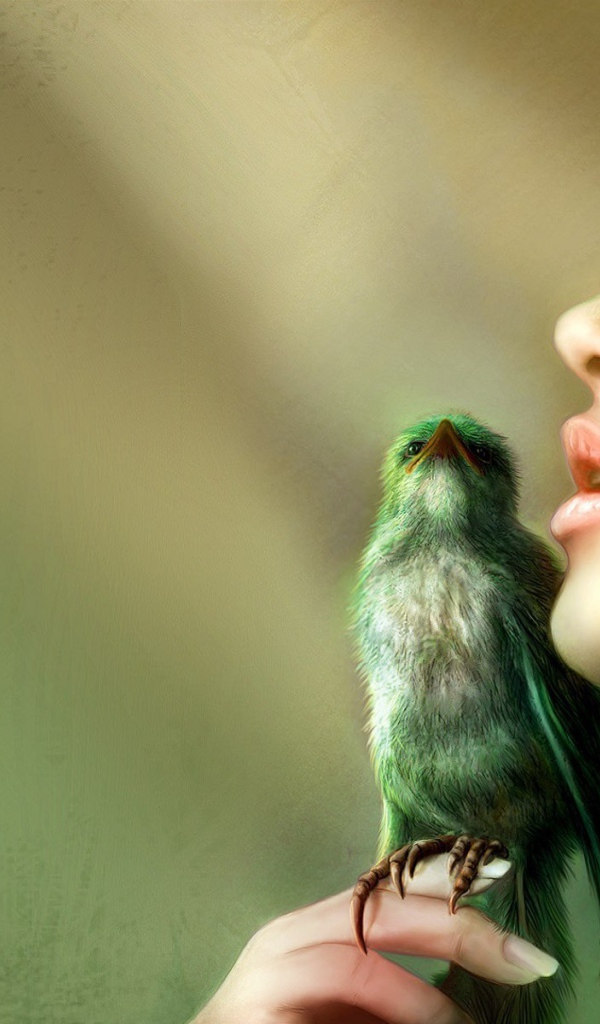 Птица на руке зеленоволосой девушки