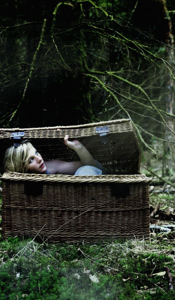 Блондинка в корзине в лесу