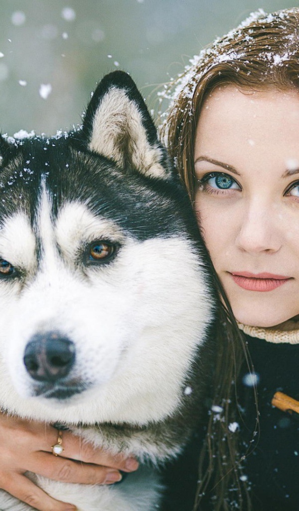 Девушка обняла собаку хаски