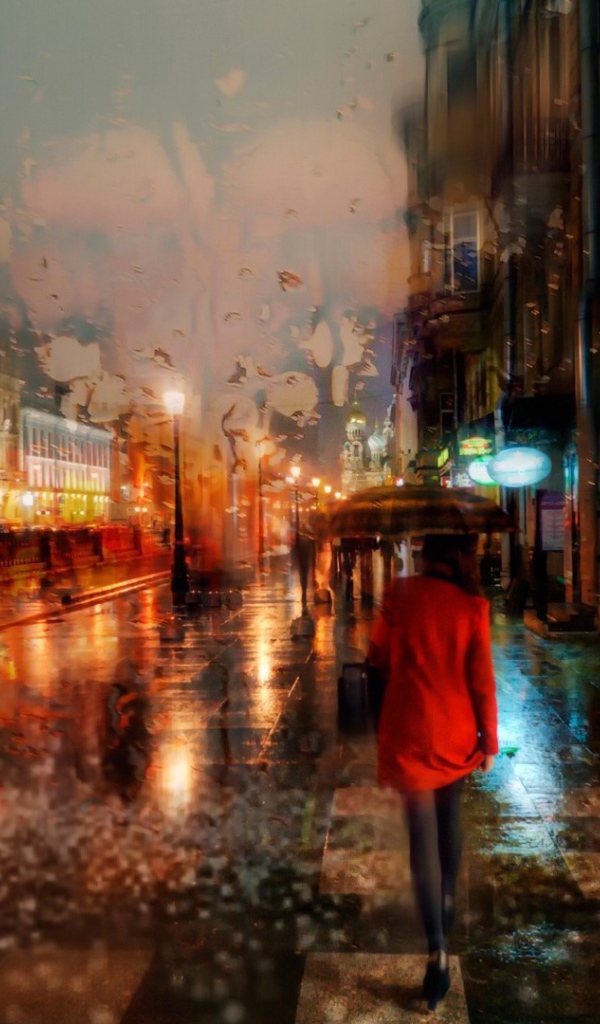 Девушка в красном пальто идет под дождем