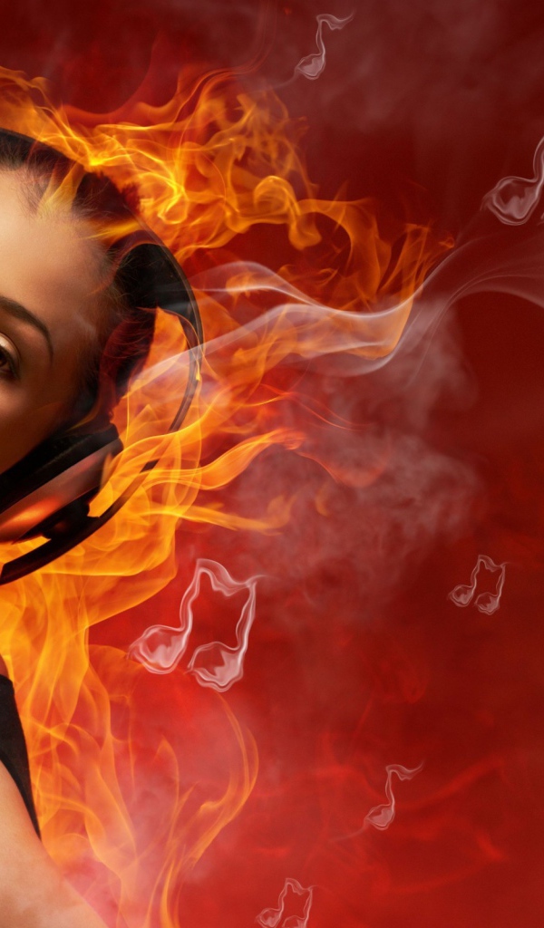 Девушка в огне слушает музыку