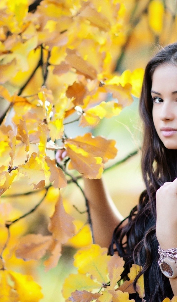 Молодая брюнетка у осеннего дерева