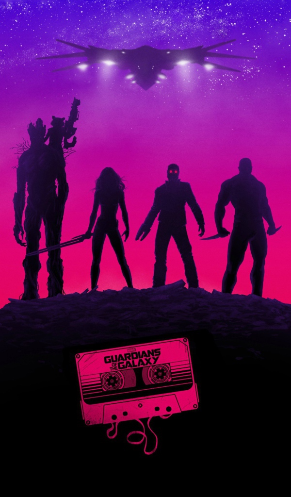Силуэты Хранителей галактики на розовом фоне