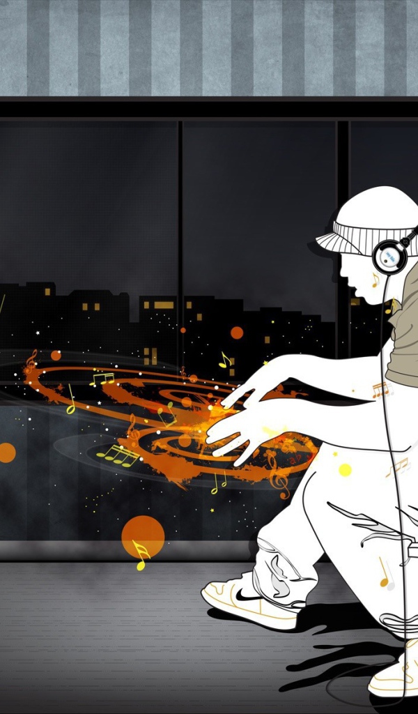 Диджей наушниках с воображаемым пультом