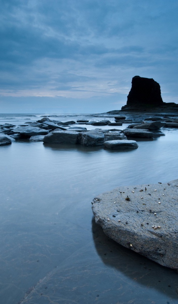 Плоские камни в серой воде у берега