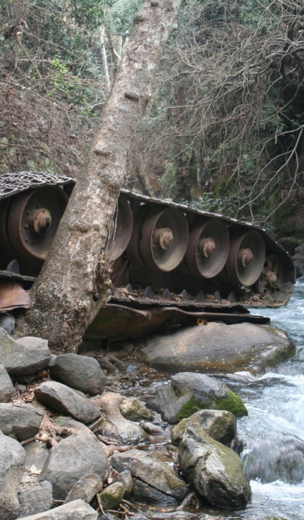 Перевернутый танк в горном ручье