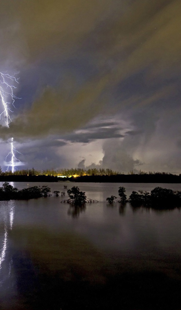 Молнии грозы отражаются в озере