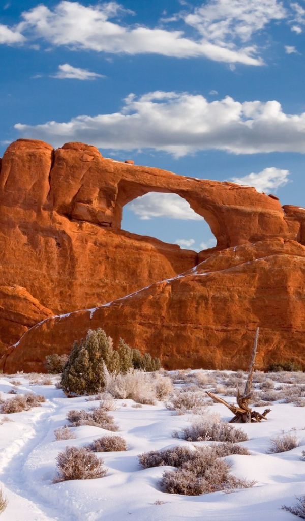 Редкий снег у скалы в пустыне